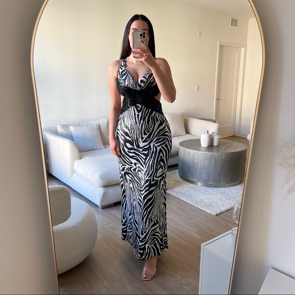 Zebra Sequined Open Back Evening Dress